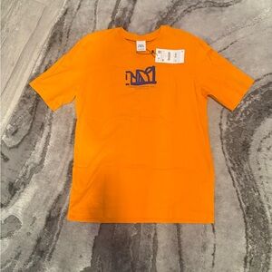 Zara Vibrant Orange Tee with Blue Abstract Design